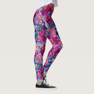 Handbeschilderde Waterverf Floral Pattern Roze Paa Leggings