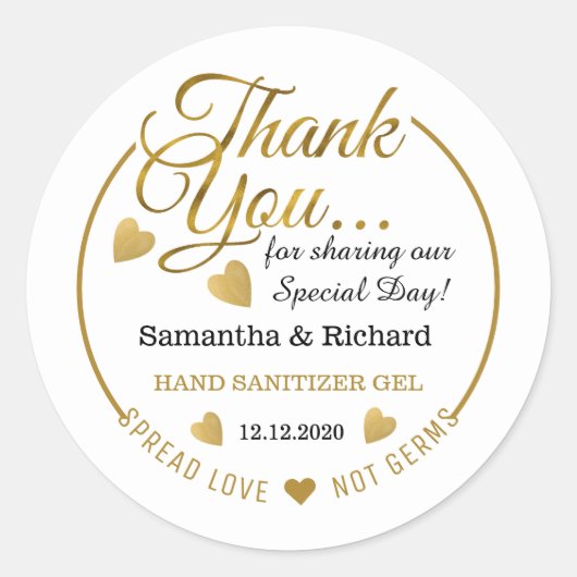 Handdesinfecter met spreid de liefde goud dank je  ronde sticker (Voorkant)