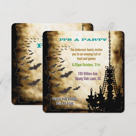  handelier en Bat Halloween Party Kaart (Voorkant / Achterkant)