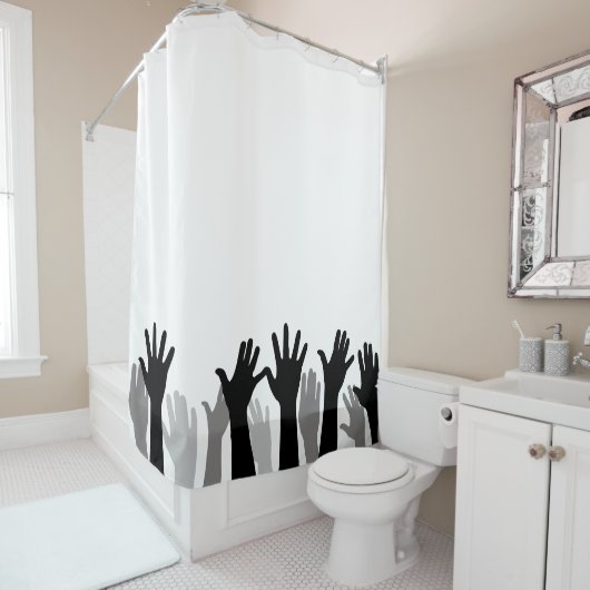 Handen omhoog silhouet, hand omhoog, protest douchegordijn (In situ)