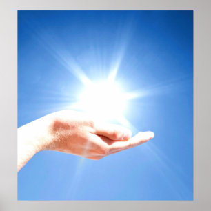 Handen op blauwe achtergrond, reiki, chakra poster