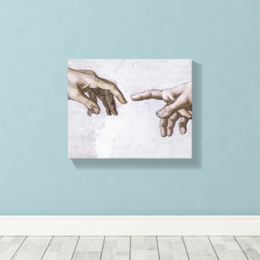 Handen van God en Adam van Michelangelo Canvas Afdruk (Insitu (Houten vloer))
