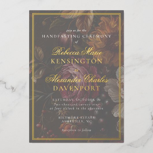 Handfasting Dark Moody Bloemen Kalligrafie Trouwen Folie Uitnodiging (Voorkant)