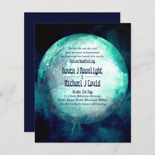 Handfasting Uitnodiging Pagan Wicca Teal Maan Goti (Voorkant / Achterkant)