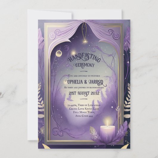 HANDFASTING UITNODIGINGEN PAARSE GOUDEN ETHERAL (Voorkant)