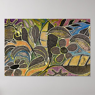 Handgekaarde bladeren en bloemen - in Oranje blauw Poster