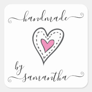 Handgemaakt door Custom Name Pink Doodle Heart Vierkante Sticker