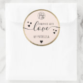 Handgemaakt liefdesscript zwart logo hartjes goud ronde sticker (Tas)