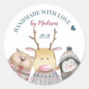 Handgemaakt met de winter van de liefdesdieren ronde sticker