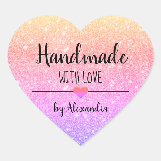 Handgemaakt met het liefdesregenbooglitterscript hart sticker (Voorkant)