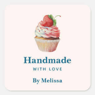 Handgemaakt met liefde Aardbei Cupcake Dessert Vierkante Sticker