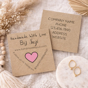 Handgemaakt met liefde door Suzi PINK Heart Kraft Vierkante Visitekaartje