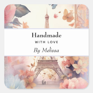 handgemaakt met Liefde Eiffeltoren en Bloemen Vierkante Sticker
