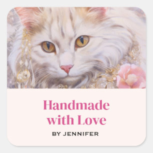 Handgemaakt met Liefde Elegante Witte Kat in Juwel Vierkante Sticker