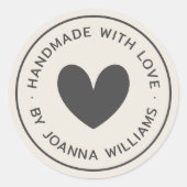 Handgemaakt met liefde hart naam licht bruin ronde sticker (Voorkant)