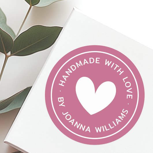 Handgemaakt met liefde hart naam roos mauve ronde sticker