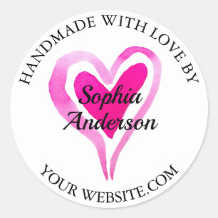 Handgemaakt met liefde, hart & naam, wit ronde sticker