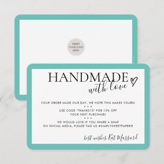 HANDGEMAAKT MET LIEFDE insert moderne chique mint  Bedankkaart (Voorkant / Achterkant)