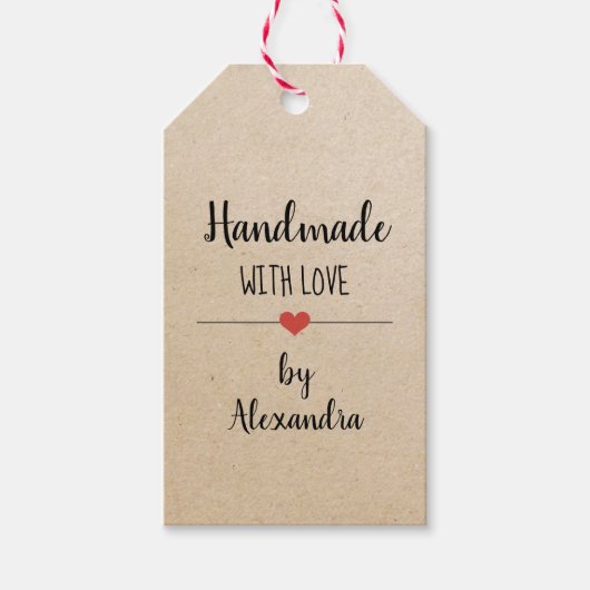 Handgemaakt met liefde kraft script aangepaste cad cadeaulabel (Voorkant)