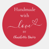 Handgemaakt met liefde rode naam ronde sticker (Voorkant)