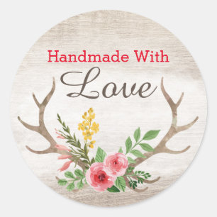 Handgemaakt met Liefde Rustieke Herten Geweide Boh Ronde Sticker