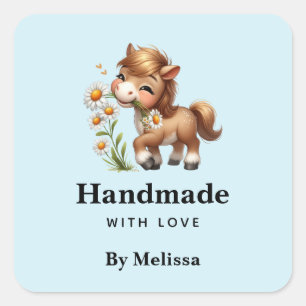 Handgemaakt met liefde Schattige Pony Eating Daisi Vierkante Sticker