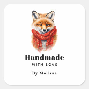 Handgemaakt met Liefde Schattige Vos in een Rode S Vierkante Sticker