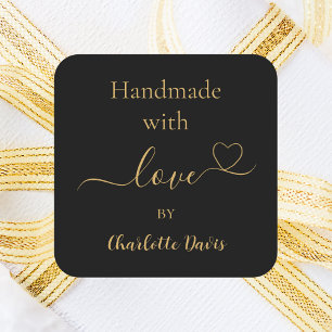 Handgemaakt met liefde zwart goud naam vierkante sticker