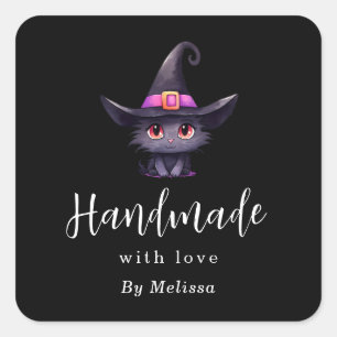 Handgemaakt met Liefde Zwart Katje in een Heks Hoe Vierkante Sticker