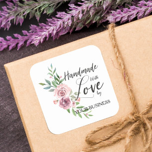 Handgemaakt met liefdescitaat op Roze Floral Wreat Vierkante Sticker
