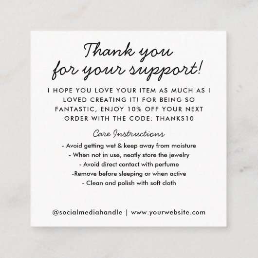 Handgemaakt met Liefdeshart Dank u Sieraden Zorg Informatiekaartje (Achterkant)