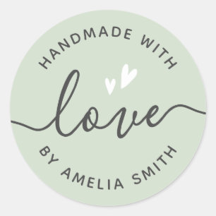 Handgemaakt met liefdesharten, lichtgroen ronde sticker