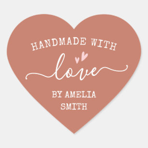 Handgemaakt met liefdesharten naam terracotta brow hart sticker
