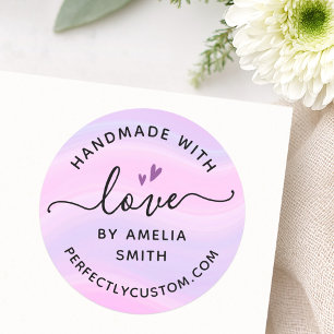 Handgemaakt met liefdeshartnaam URL roze paars Ronde Sticker