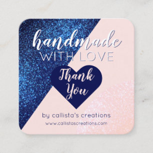 Handgemaakt met liefdesmarine blauw roze glitter H Vierkante Visitekaartje