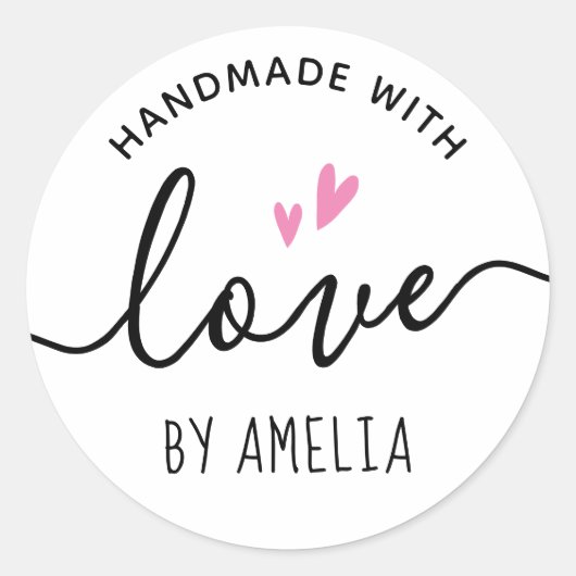 Handgemaakt met liefdesroze harten, aangepaste naa ronde sticker (Voorkant)