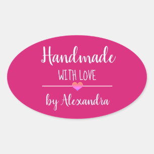 Handgemaakt met liefdesroze scriptnaam ovale sticker