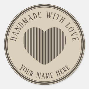 Handgemaakt met Love Black Cream Kerststrepen Ronde Sticker