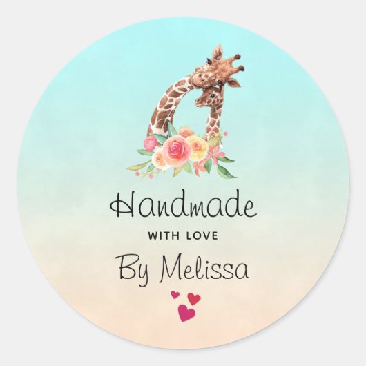 Handgemaakt met Love Cute Giraffe Mam & Baby Ronde Sticker (Voorkant)
