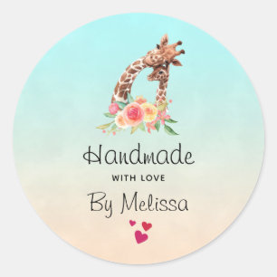 Handgemaakt met Love Cute Giraffe Mam & Baby Ronde Sticker