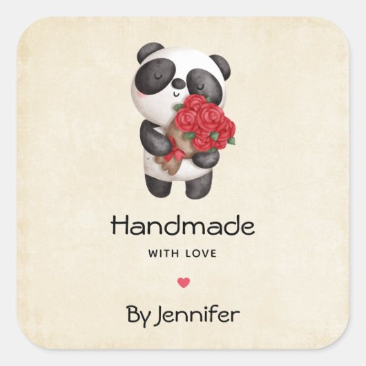 Handgemaakt met Love Cute Panda Beer met Rozen Vierkante Sticker (Voorkant)