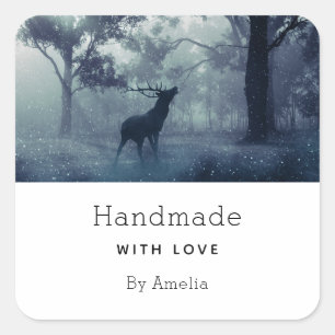 Handgemaakt met Love Deer met gewei in een bos Vierkante Sticker