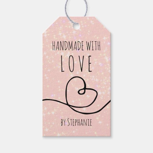 Handgemaakt met Love Doodle Heart Pink glitter Cadeaulabel (Voorkant)