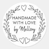 Handgemaakt met Love Doodle Wreath Brush Script Ronde Sticker (Voorkant)