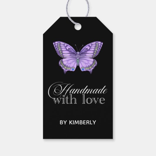 Handgemaakt met Love Paars Butterfly Black Cadeaulabel (Achterkant)
