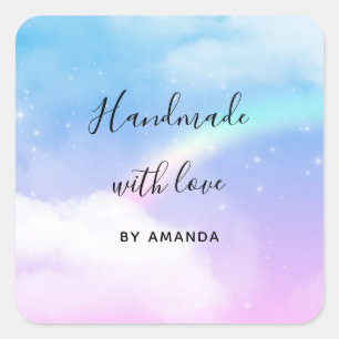 Handgemaakt met Love Pastel Clouds en een Regenboo Vierkante Sticker
