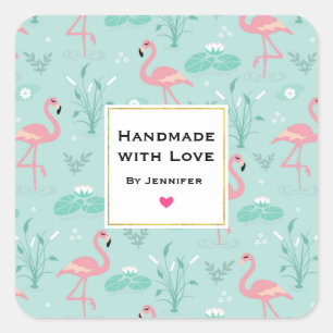 Handgemaakt met Love Pastel Roze Flamingo's Patroo Vierkante Sticker