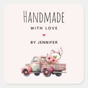 Handgemaakt met Love Pink Farmer's Truck Vierkante Sticker