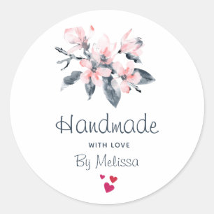 Handgemaakt met Love Pink & Grey Flowers Waterverf Ronde Sticker