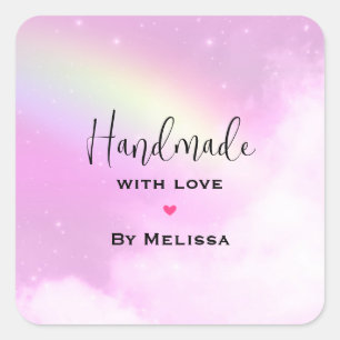 Handgemaakt met Love Pink Sky met Fluffy Clouds Vierkante Sticker